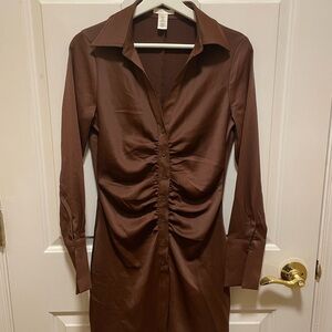 Brown Button-Up Ruched Dress
